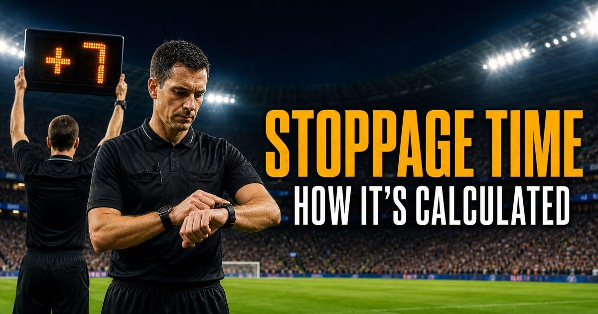 Football referee checking a watch beside an electronic board showing added time