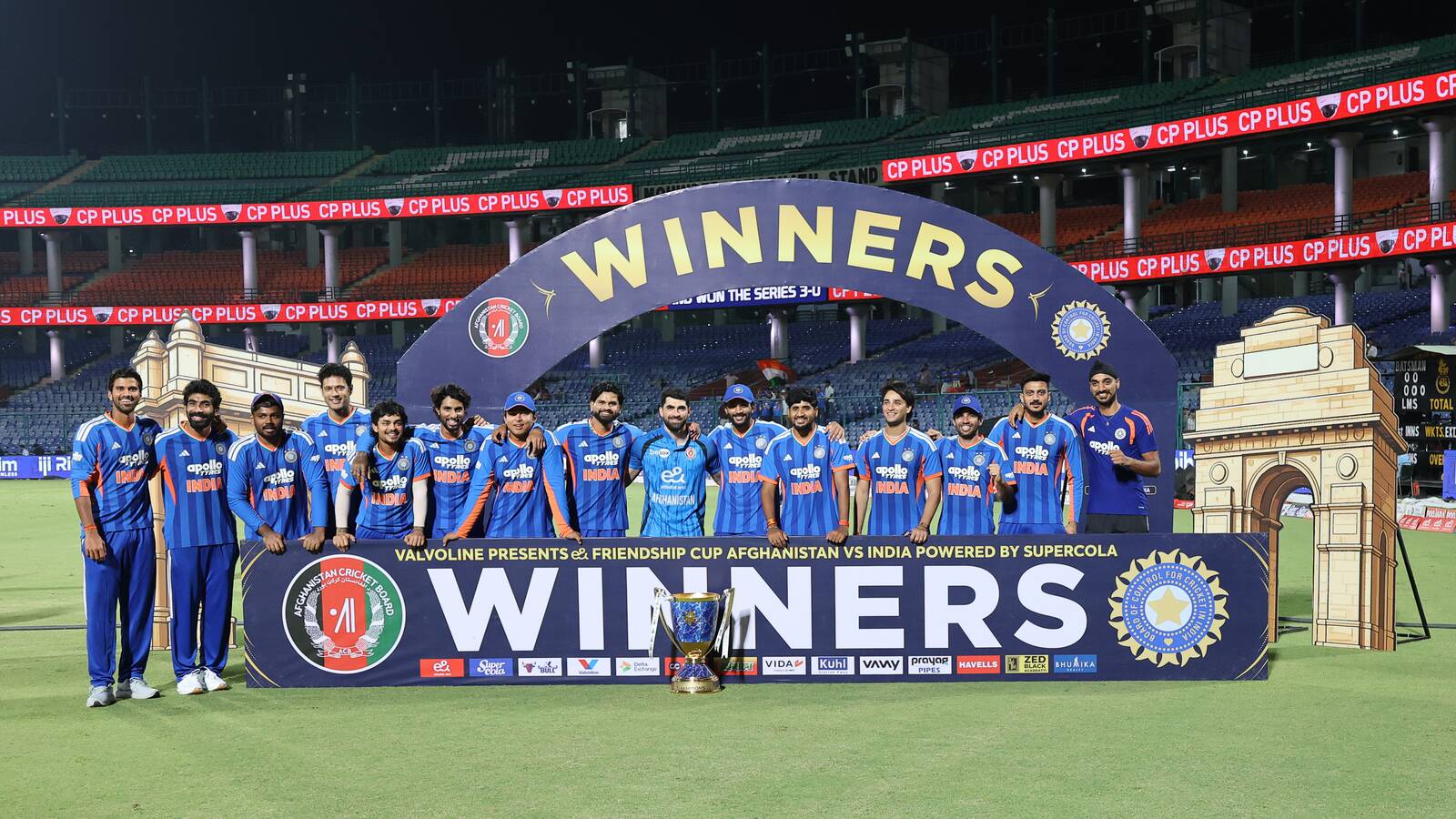 India players and Afghanistan captain Ibrahim Zadran in the official Friendship Cup presentation photograph
