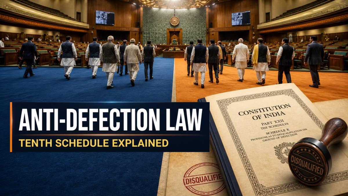 Indian Parliament with legislators crossing party lines and a constitutional rule document