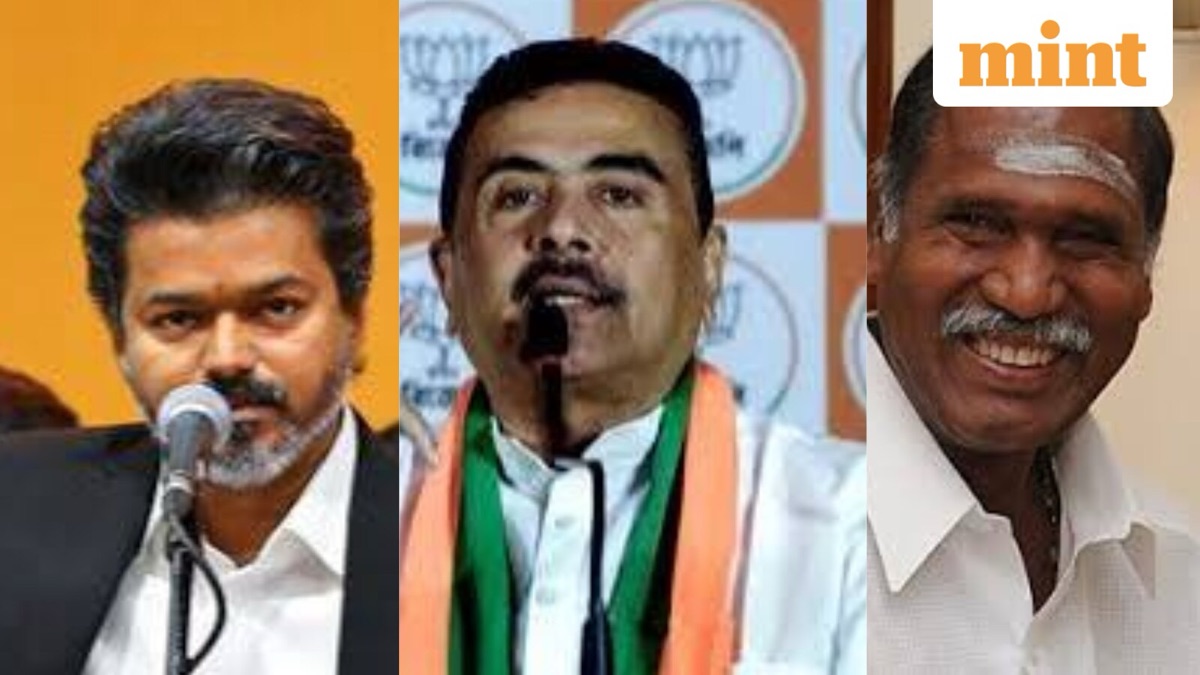 C. Joseph Vijay, Suvendu Adhikari and N. Rangasamy in a bypoll results composite