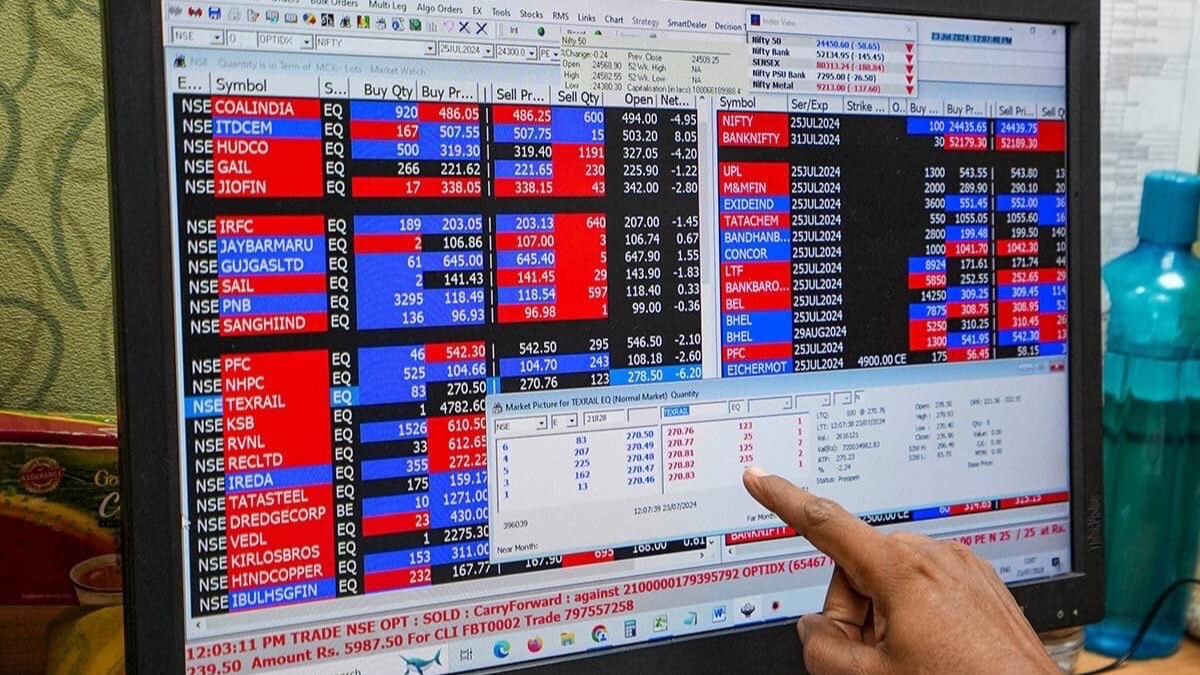 Indian technology company office building with stock-market display