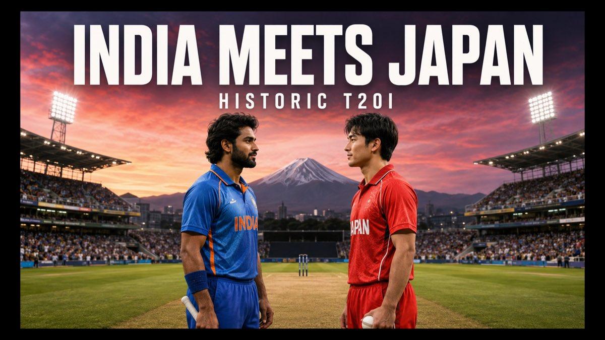 Two cricket players representing India and Japan meeting on a cricket field in Sano