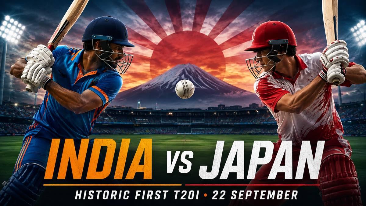 Generic India and Japan cricket players facing each other at a stadium in Japan