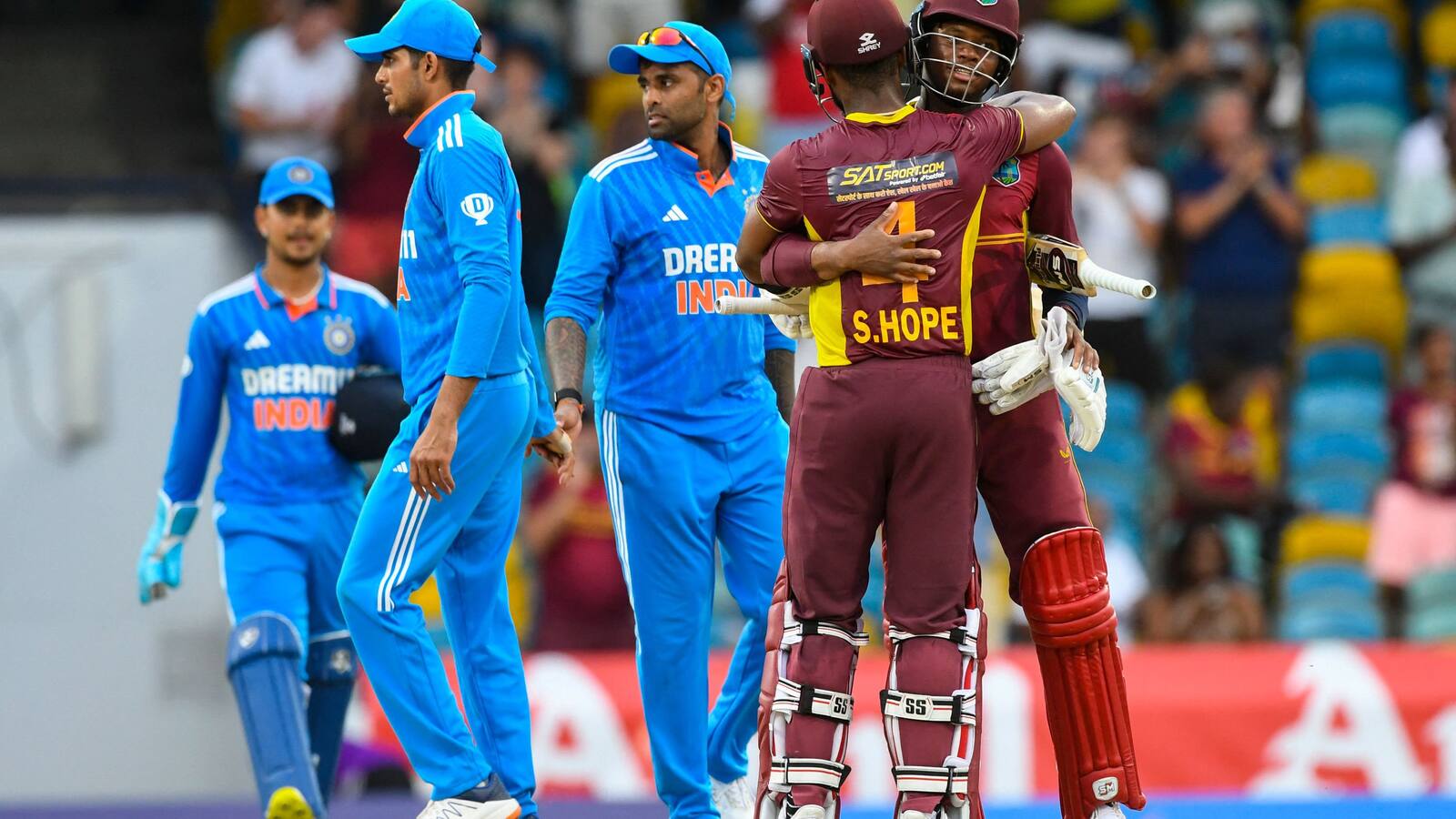 India fielders and West Indies captain Shai Hope during an official India-West Indies ODI