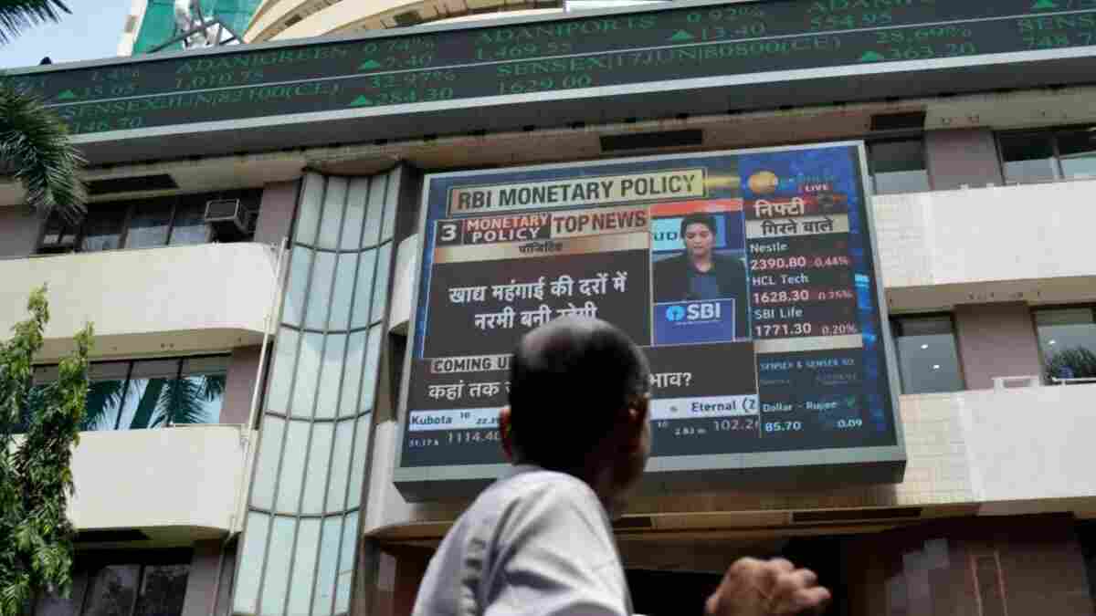 Market information screen outside the Bombay Stock Exchange