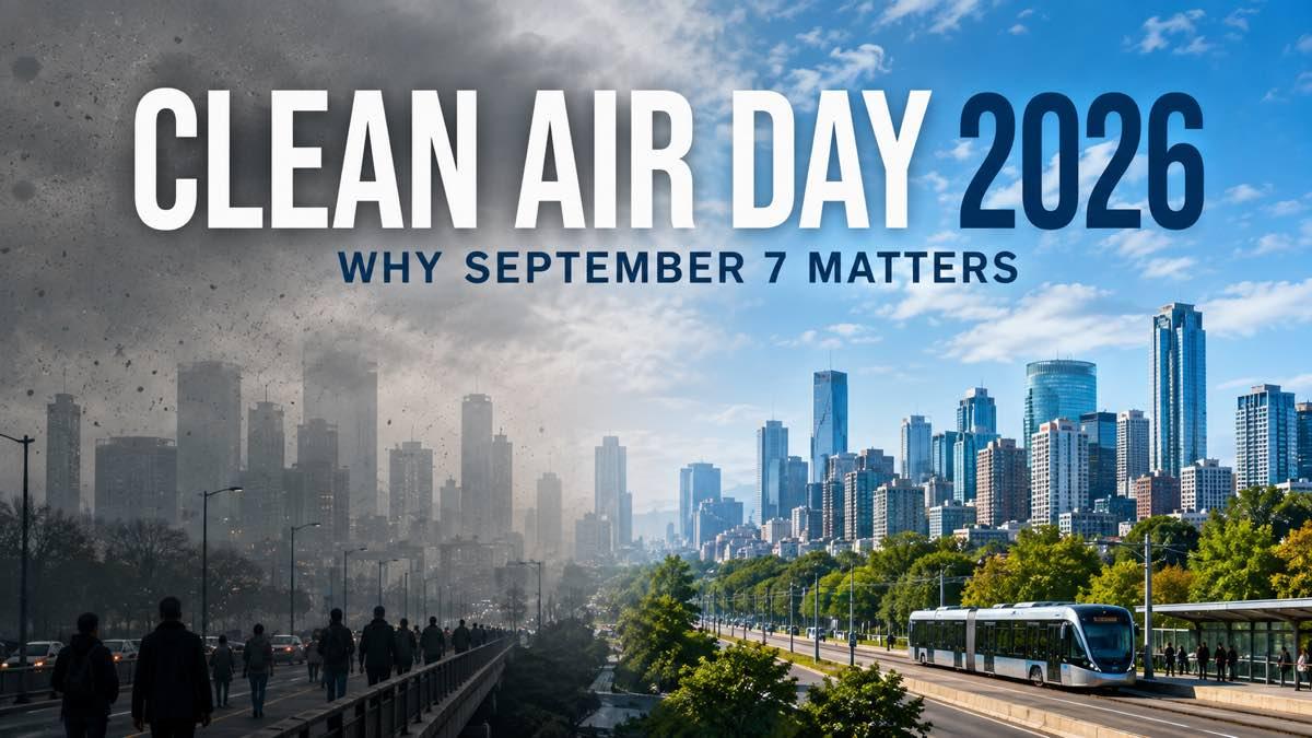A global city changing from polluted air to a clear blue sky