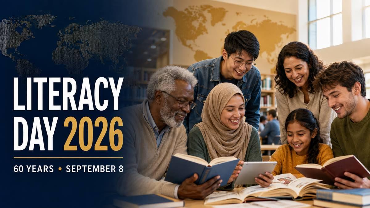 Students and adults reading together for International Literacy Day 2026