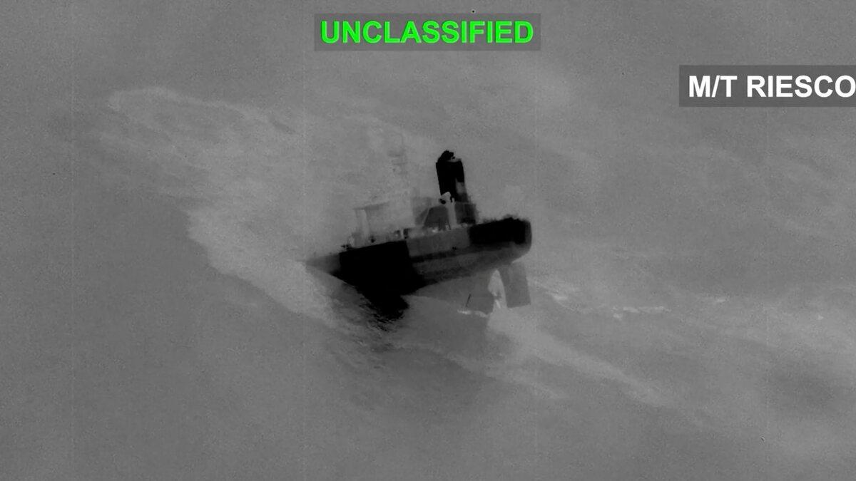 Infrared military footage showing the M/T Riesco tanker targeted near the Strait of Hormuz