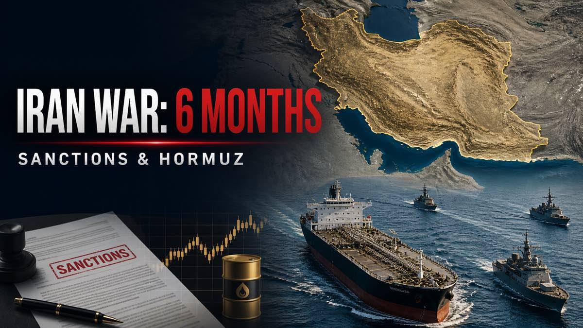 Map of Iran and the Strait of Hormuz with naval ships, oil tankers and sanctions documents