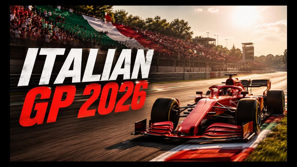 Unbranded red Formula race car speeding around a Monza-inspired circuit