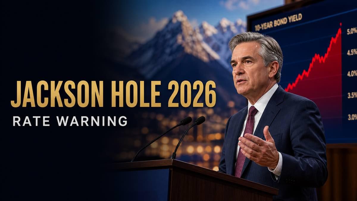 Federal Reserve chair speaking at a podium with bond yield charts and Wyoming mountains behind him