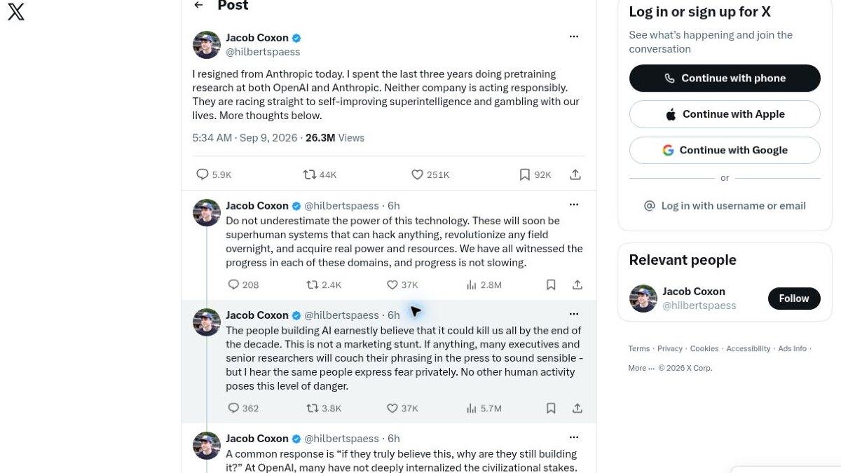 Screenshot of Jacob Coxon's September 9, 2026 X thread announcing his Anthropic resignation and warning about AI safety