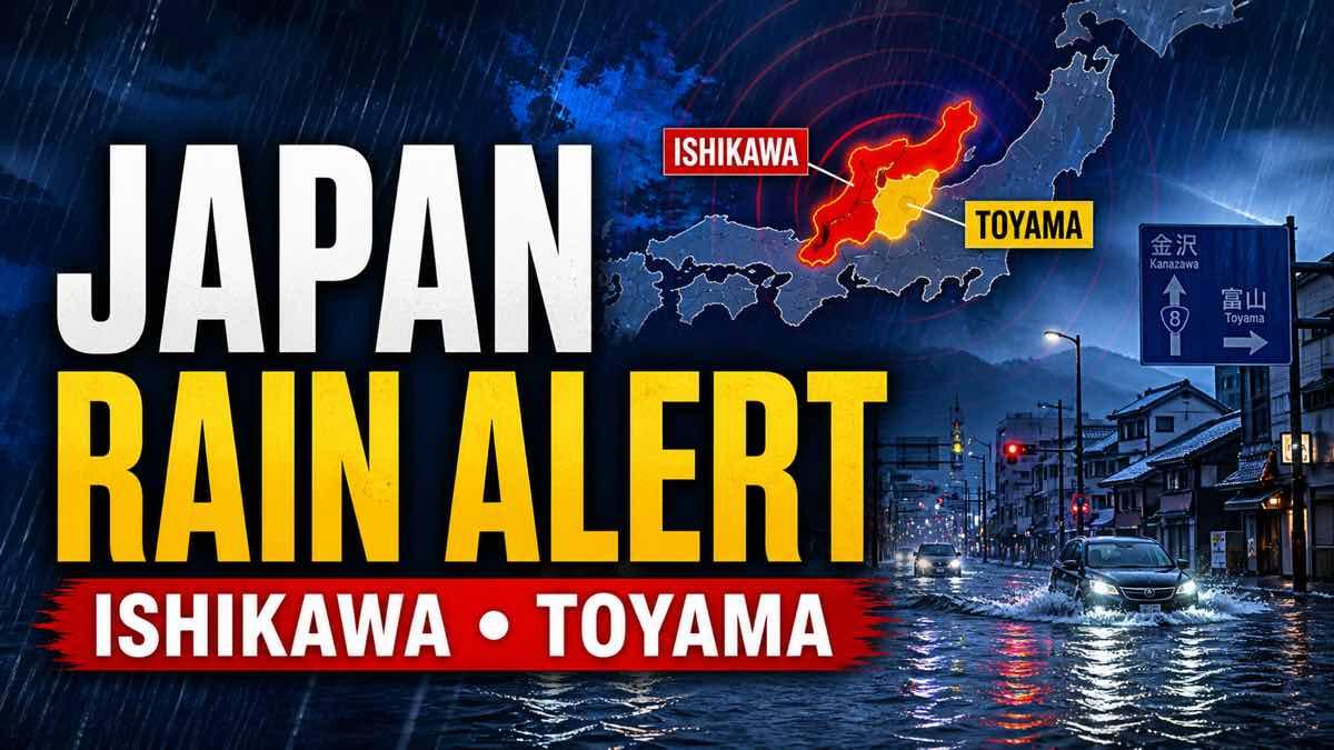 Heavy rain over a Japanese coastal city with rail and flood warning symbols