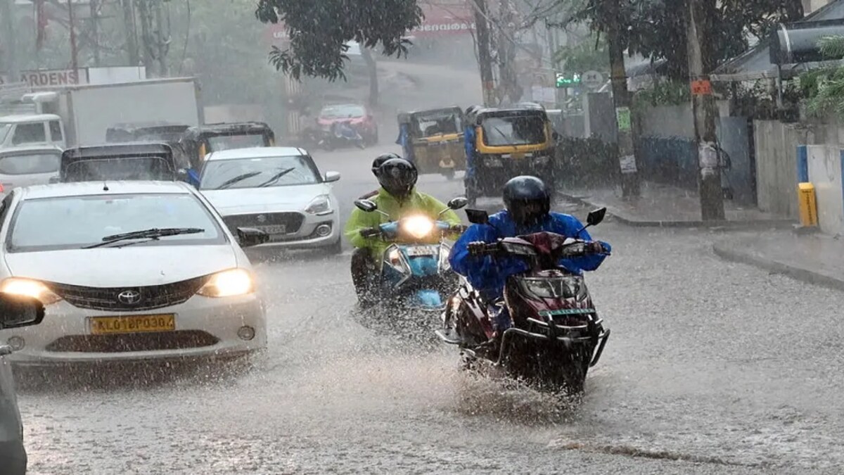 Heavy monsoon rain falling across a Kerala road lined with coconut trees