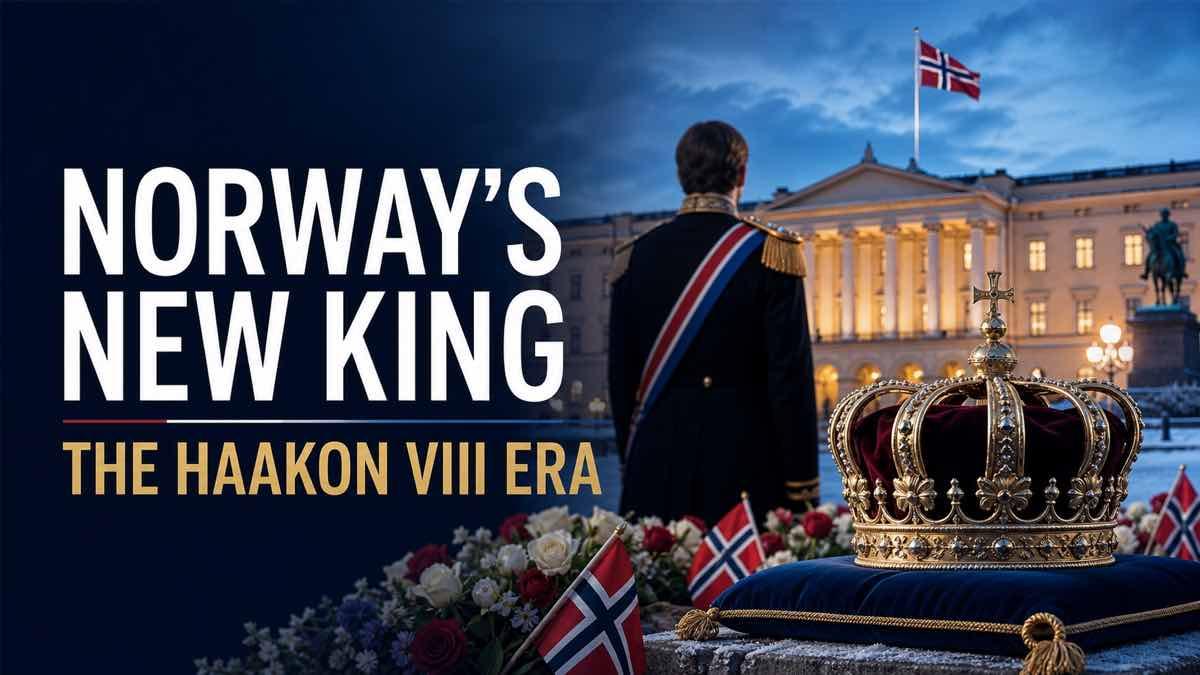 Norwegian royal palace and crown marking the accession of King Haakon VIII