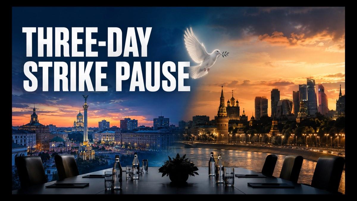 Editorial illustration of Kyiv and Moscow skylines during a temporary strike pause