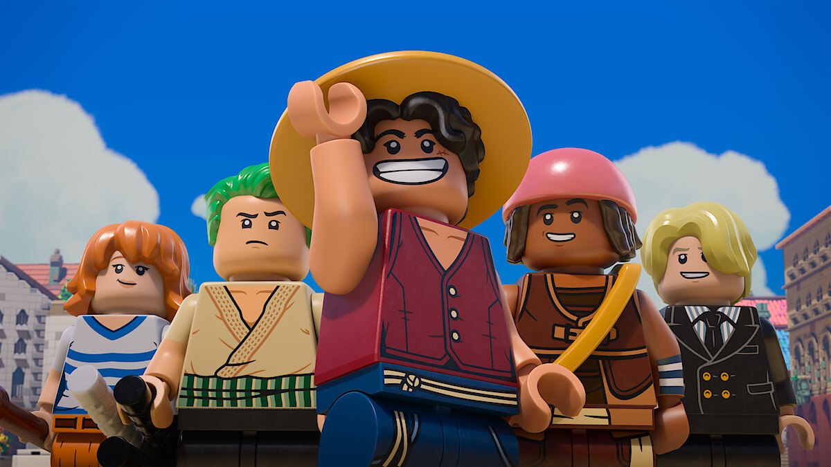Netflix's official LEGO ONE PIECE artwork featuring five Straw Hat minifigures
