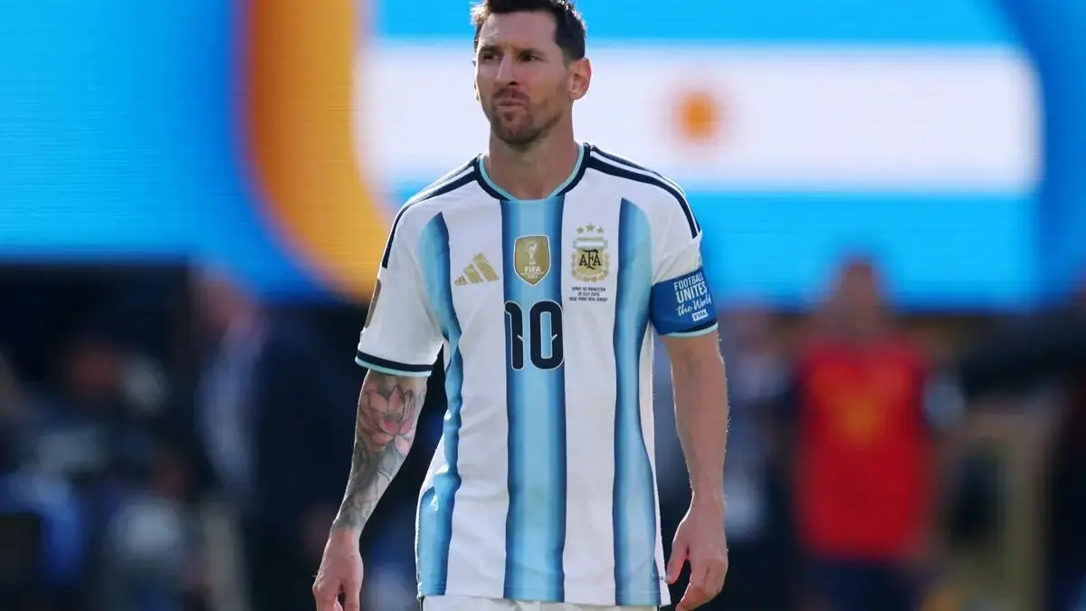 Lionel Messi playing for Argentina in the 2026 World Cup final before announcing his international retirement