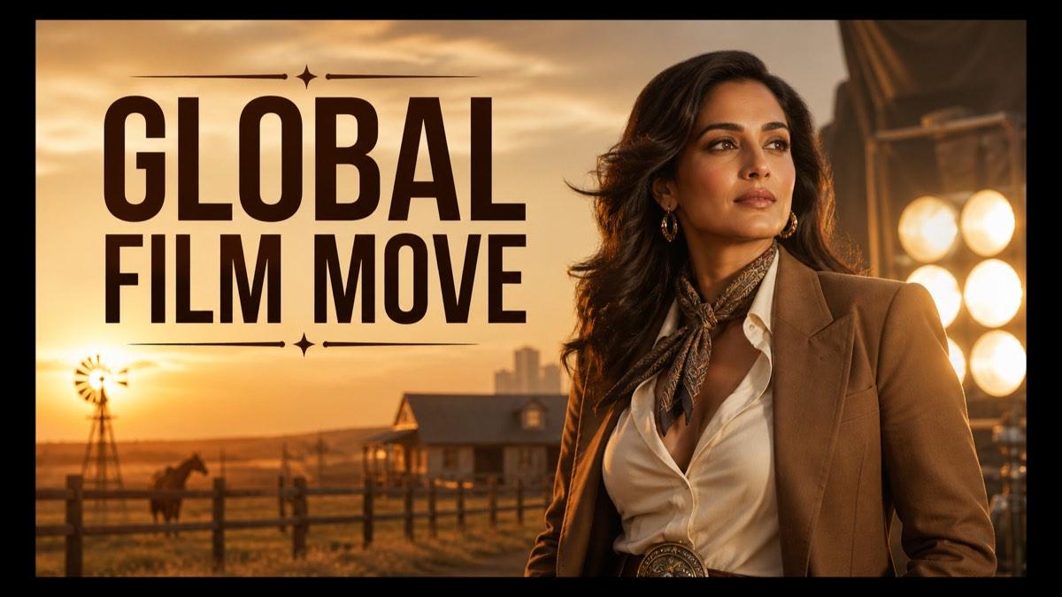 Fictional South Asian actress on a cinematic ranch set representing an international film production