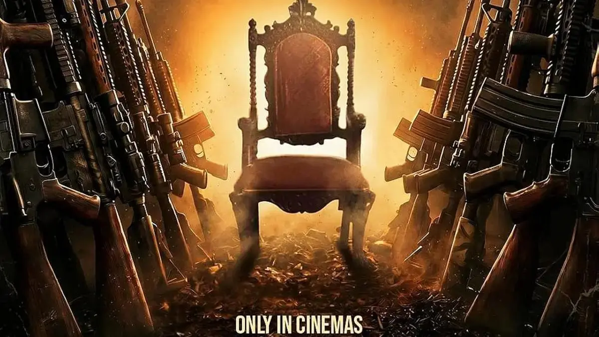 Official promotional poster for Mirzapur The Movie featuring a throne and rifles