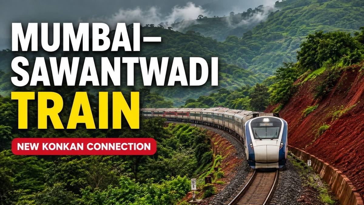 Passenger train travelling along the green Konkan railway route