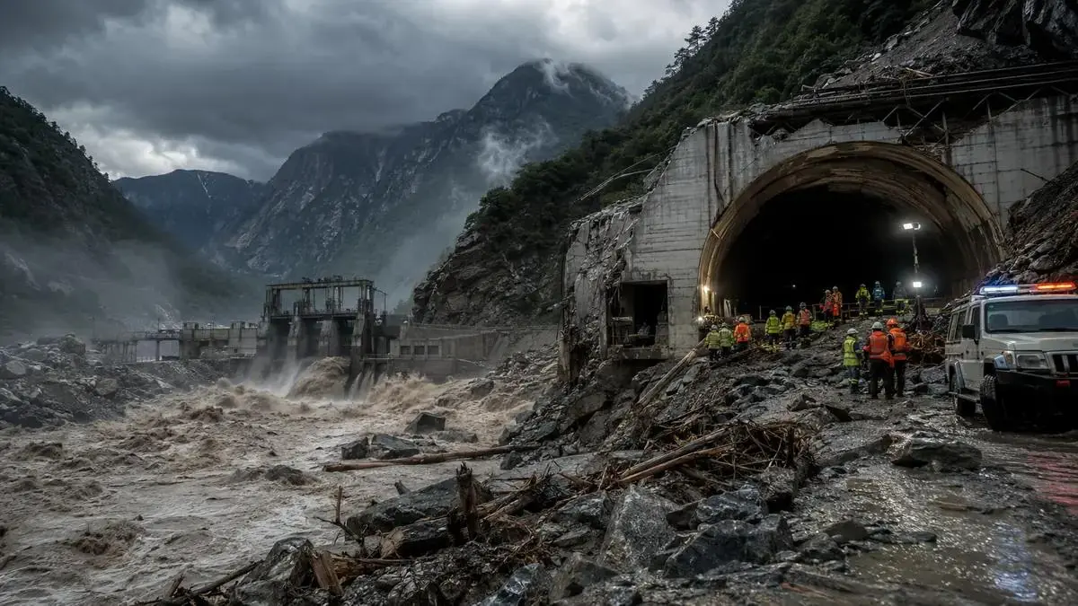 Rescue teams working beside a damaged hydropower tunnel after catastrophic flooding in a Himalayan valley
