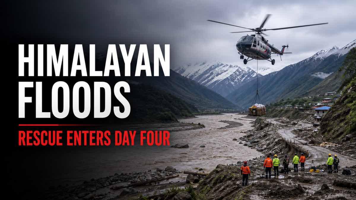 Helicopter rescue operation above a flooded Himalayan valley