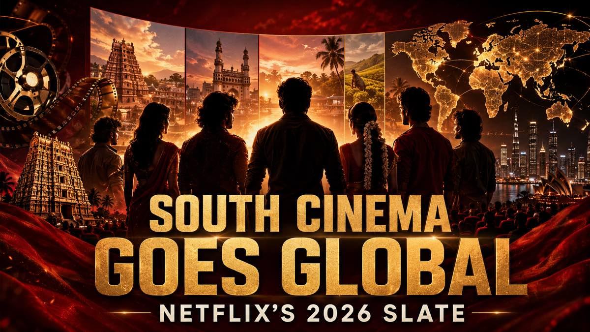 Indian cinema screen and film reel connected to viewers around the world