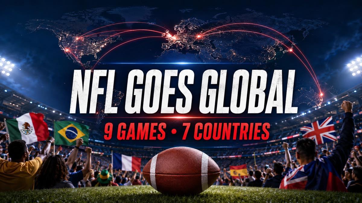 American football in a stadium beneath a world map showing the NFL's 2026 international expansion