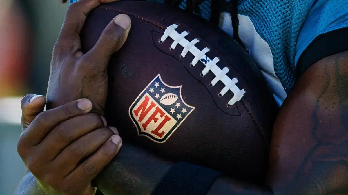 Close view of an NFL-branded football during a training session