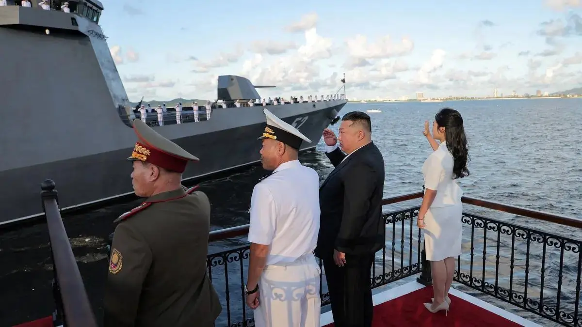 Kim Jong Un at the commissioning ceremony of North Korea's Kang Kon destroyer
