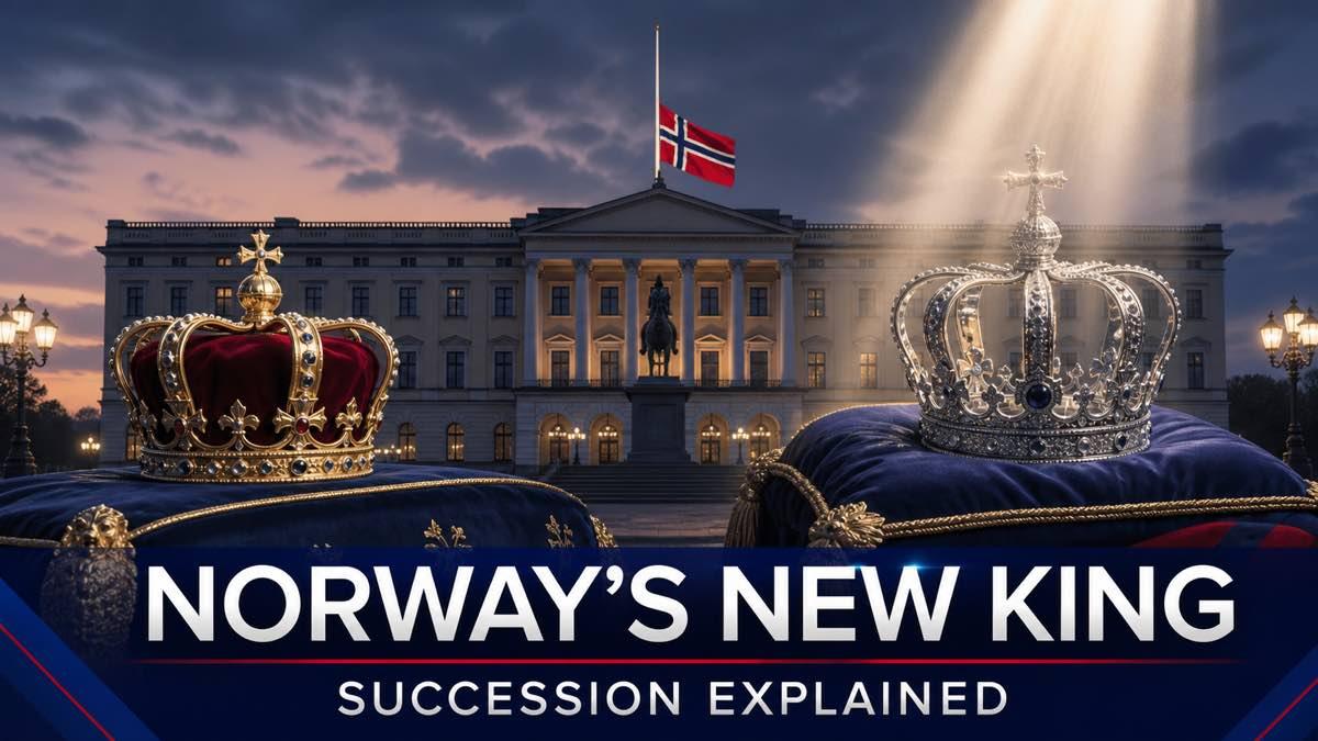 Norwegian royal palace with a memorial portrait of King Harald V and crown passing to King Haakon VIII
