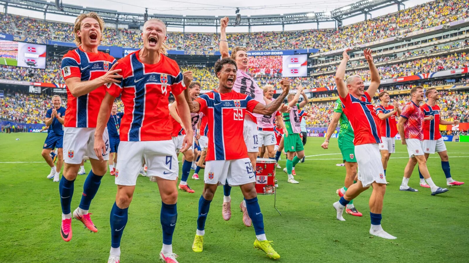 Erling Haaland and Norway players celebrating together in the Norwegian Football Federation's official squad photograph