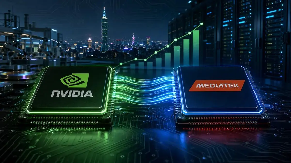 Nvidia and MediaTek chips connected inside an AI data center