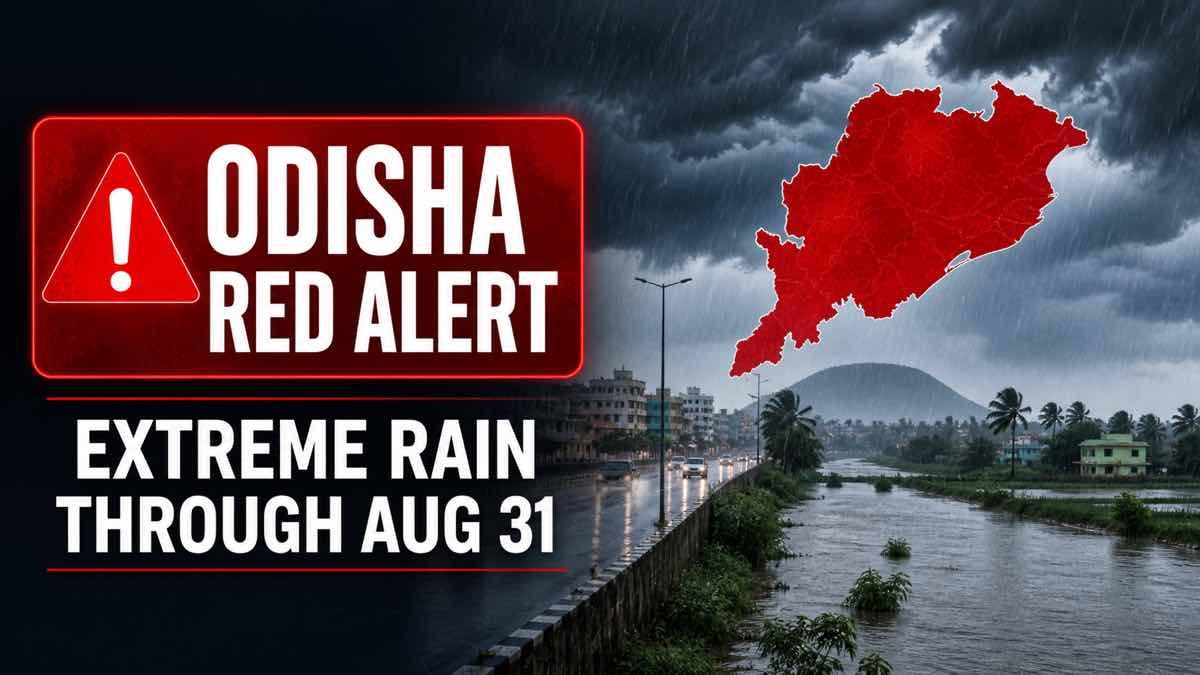 Heavy monsoon rain over coastal Odisha with a red weather warning