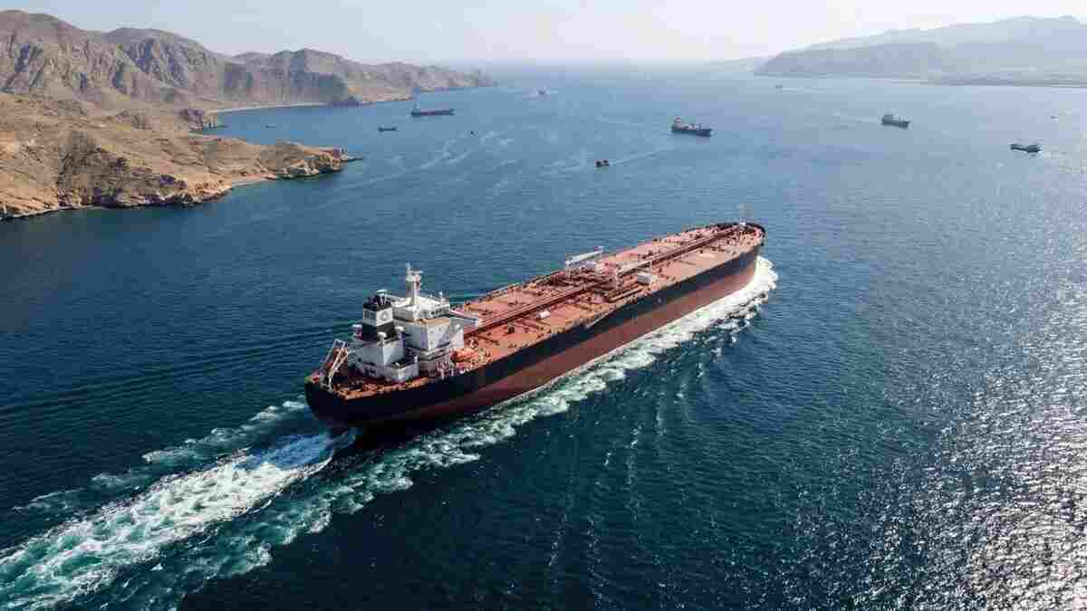 Oil tanker travelling through a strategic sea route