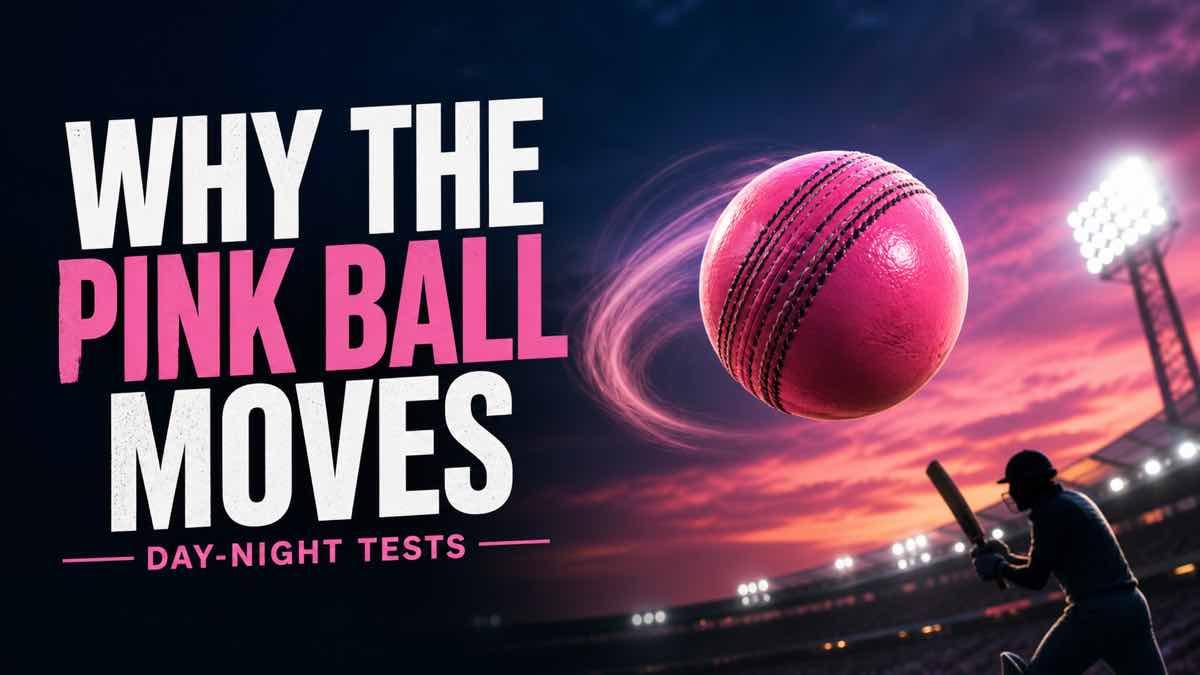 Pink cricket ball moving under floodlights during a day-night Test match