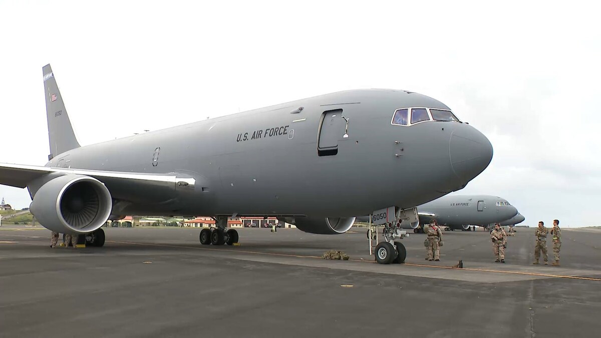 A United States military aircraft parked on the runway at Lajes Air Base in Portugal's Azores