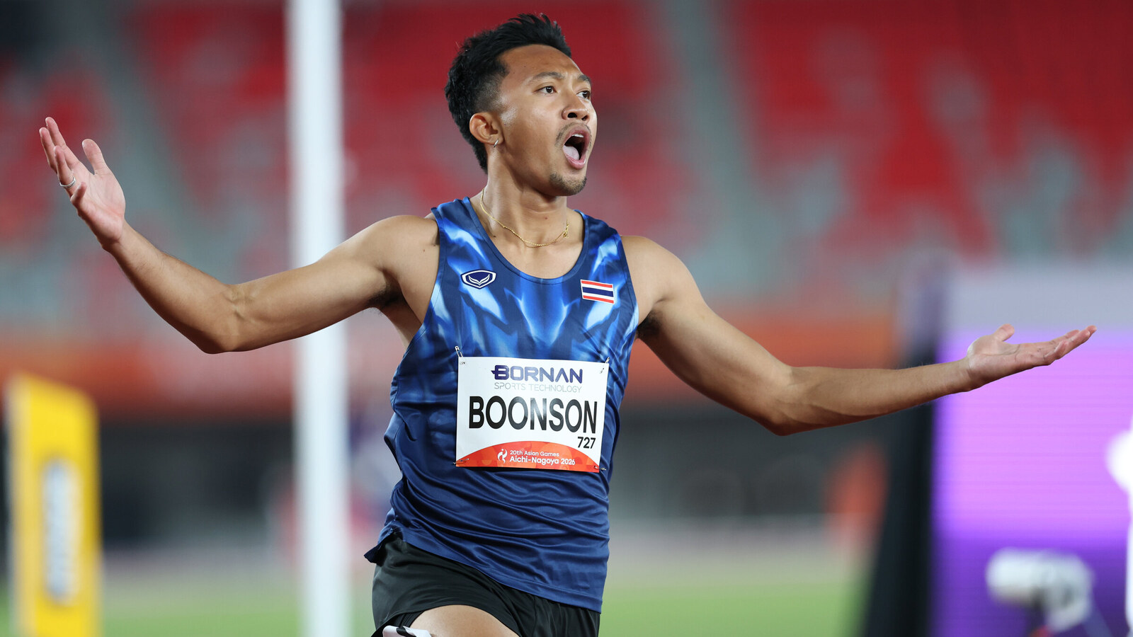 Thailand sprinter Puripol Boonson reacts after his official men's 100m heat at the Aichi-Nagoya 2026 Asian Games