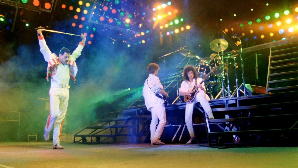 Freddie Mercury, Brian May, John Deacon and Roger Taylor performing on stage in Budapest