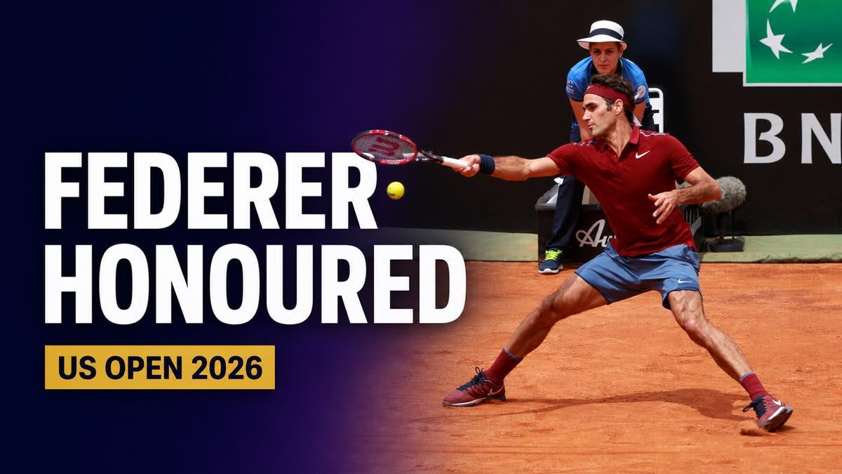 Roger Federer on a tennis court beside the words Federer Honoured