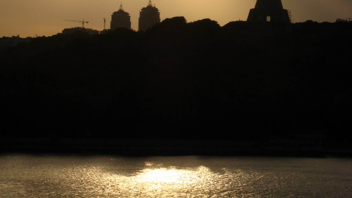 Kyiv skyline and Dnipro River bridges during the war in Ukraine