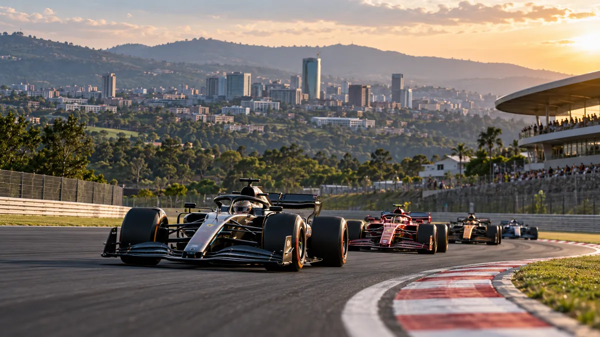 Formula racing cars on a modern circuit surrounded by Rwanda's green hills