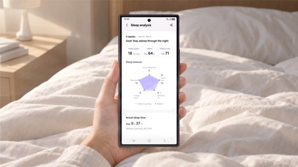 Samsung Health sleep-coaching screens displayed beside a Galaxy wearable