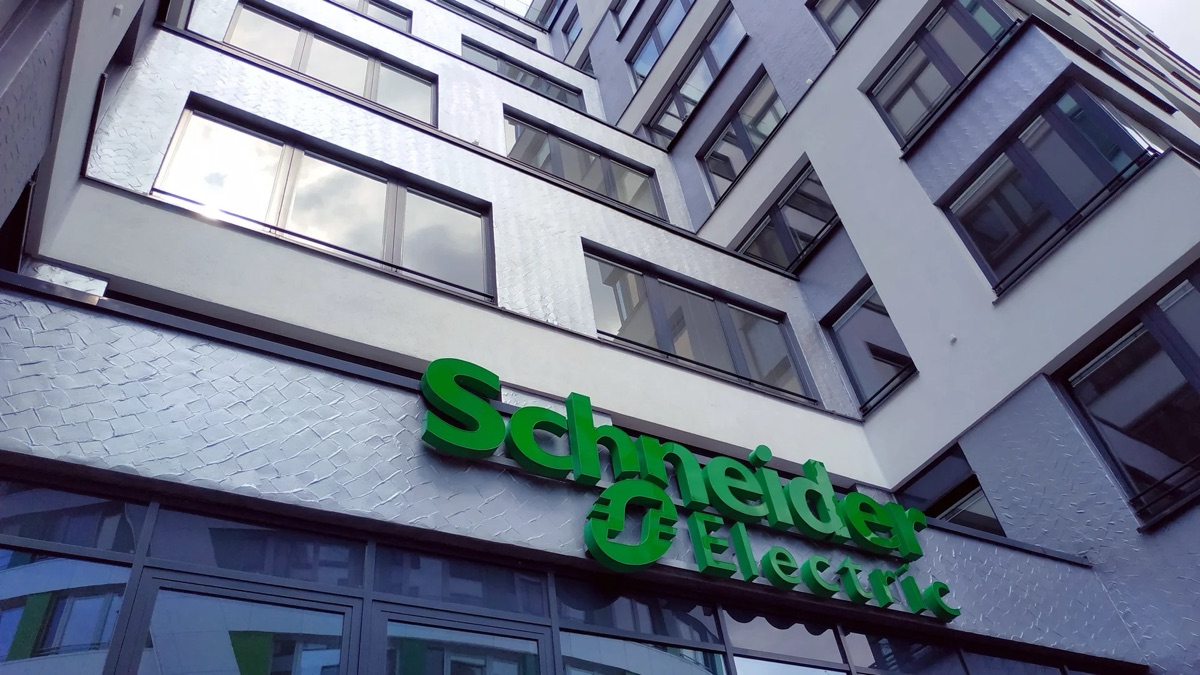 Schneider Electric signage at an industrial technology facility
