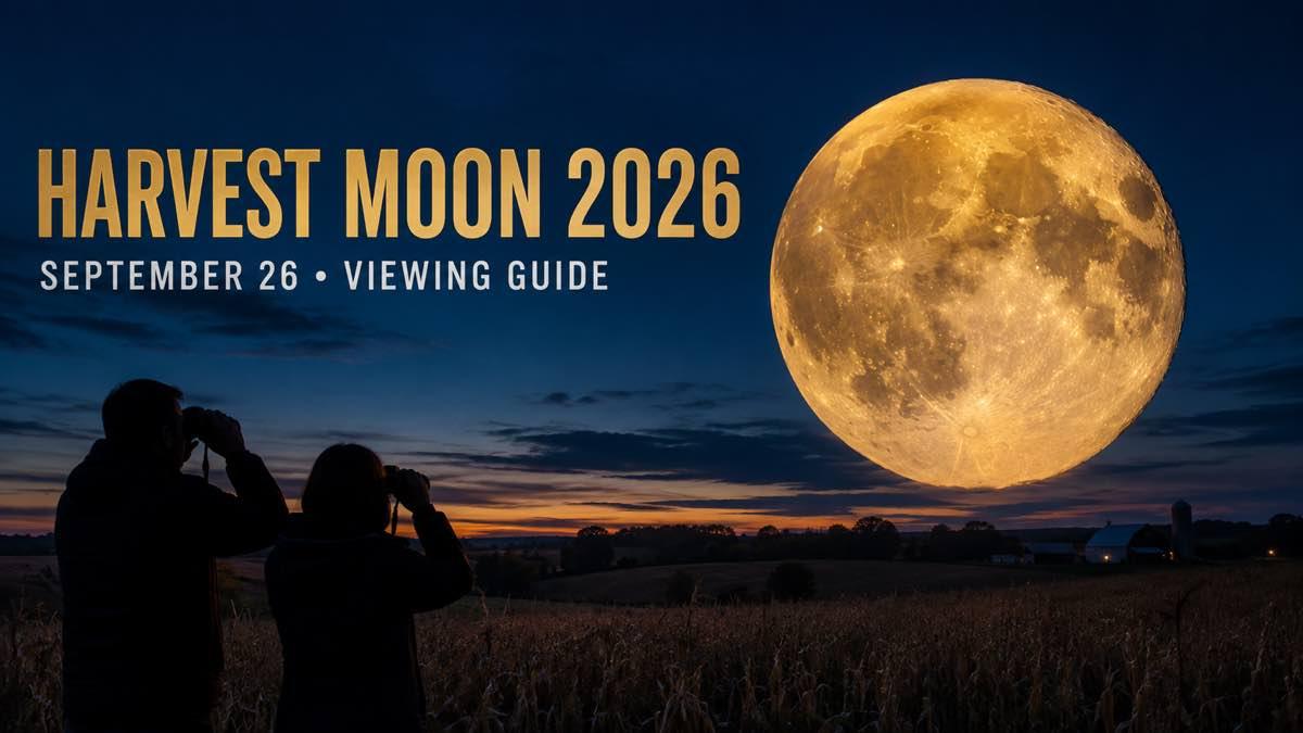 Bright Harvest Moon rising over a dark rural horizon