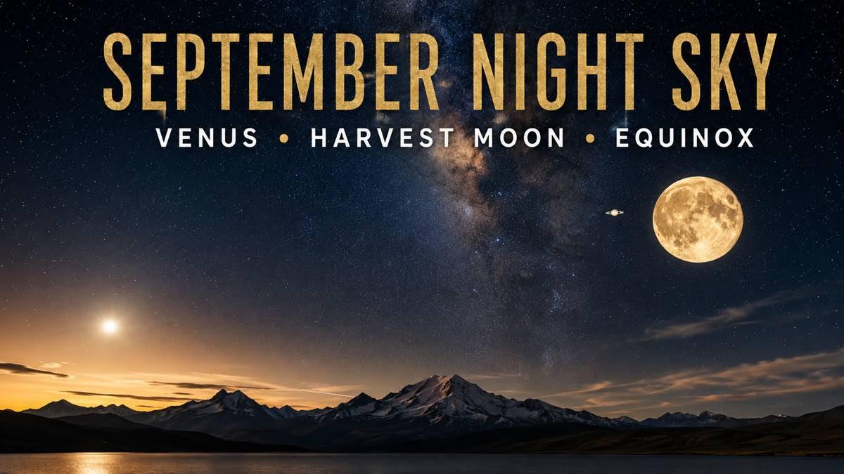 Venus and a bright Harvest Moon near Saturn above a dark mountain horizon