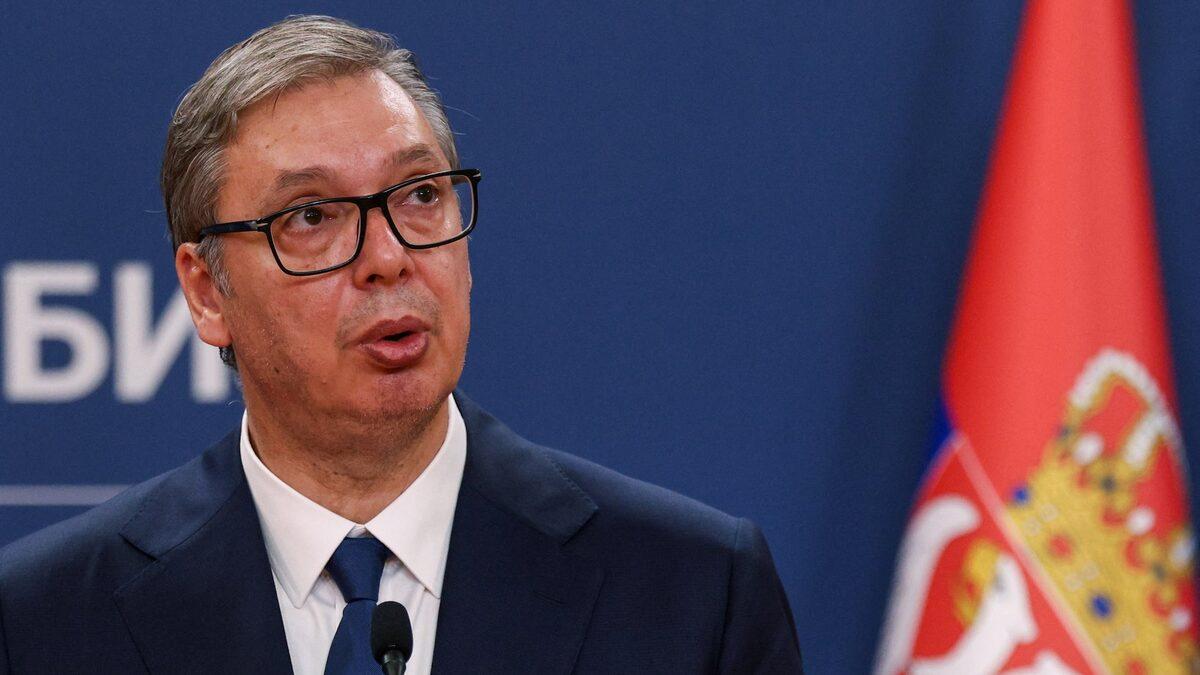 Serbian President Aleksandar Vucic speaking at a press conference in Belgrade