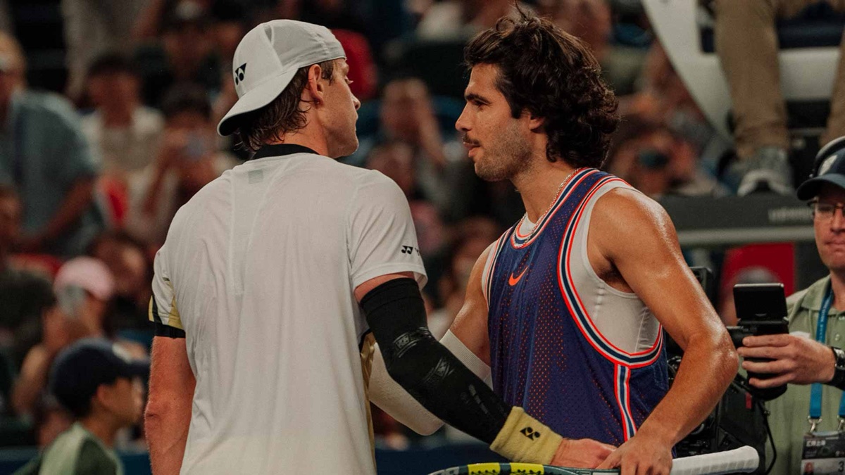 Zizou Bergs and Carlos Alcaraz shake hands after their Shanghai Masters match