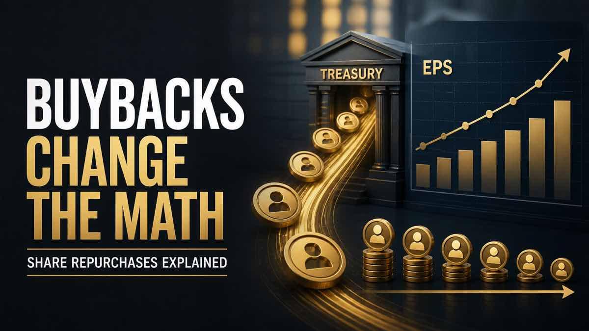 Company shares flowing back into a corporate treasury beside an earnings-per-share chart